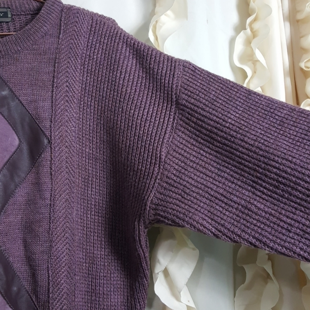 Vintage Chunky Knit Sweater Purple Leather Details Medium Wool Blend - Picture 4 of 6